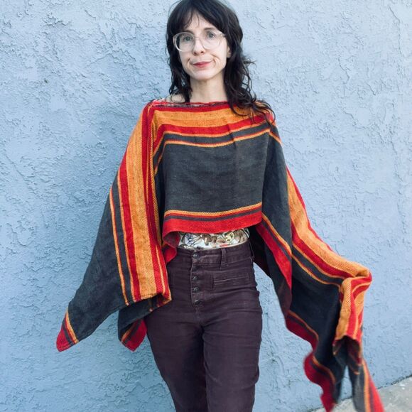 Vintage Poncho Cape Striped Finnish Textile Rug Bohemian decor - Picture 1 of 13